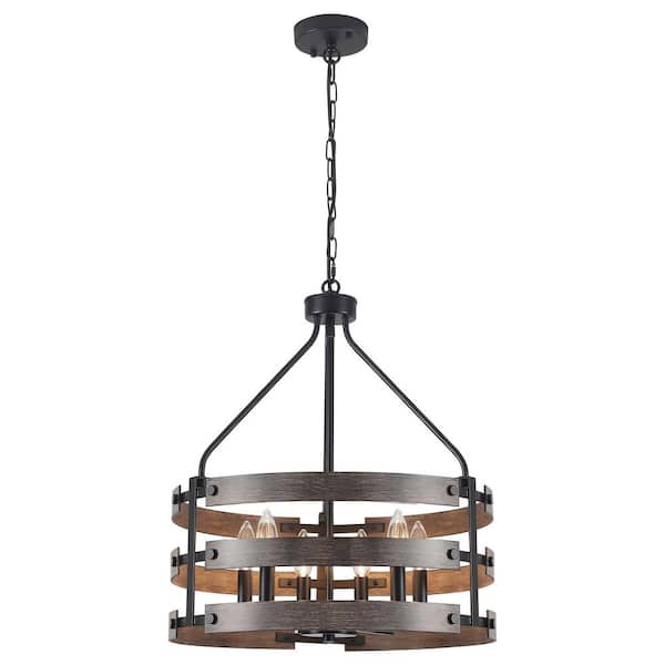 6-Light Black and Imitation Wood Grain Drum Chandelier Industrial Metal Hanging Pendant Light Fixture with Candle Design