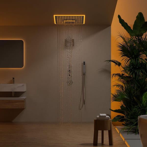 16 in. AuroraMist LED Shower 17-Spray Dual Ceiling Mount Fixed and Handheld Shower Head 2.5 GPM in Brushed Nickel