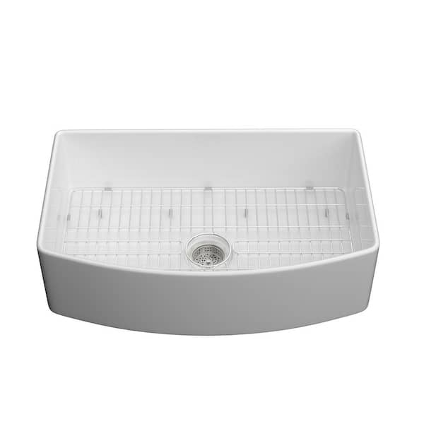 NTQ 30 in. Curved Farmhouse Apron Kitchen Sink White Single Bowl Fireclay Sink with Bottom Grid and Strainer Undermount Sink