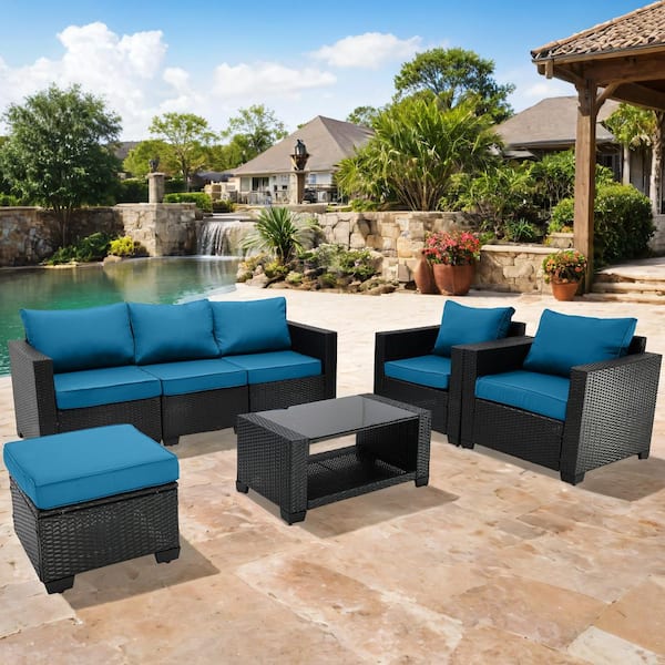 Unbranded 7-Piece Dark Brown Rattan Wicker Outdoor Patio Sectional Sofa Set with Peacock Blue Cushions