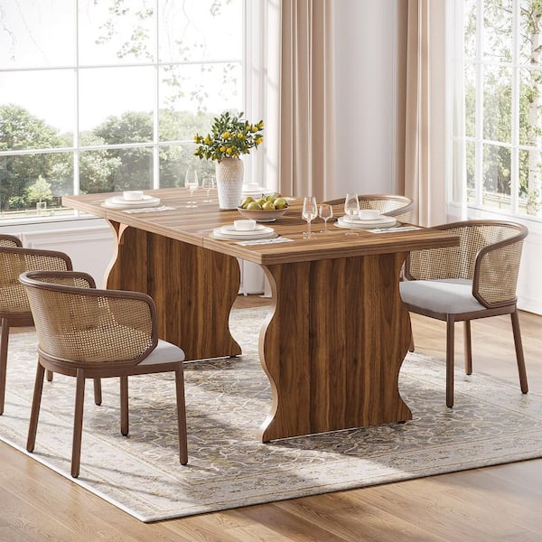 TRIBESIGNS WAY TO ORIGIN Halseey Brown Rectangular Wood Kitchen 63 in. Pedestal Dining Table Large Dinner Table Dining Room Desk for 4-6