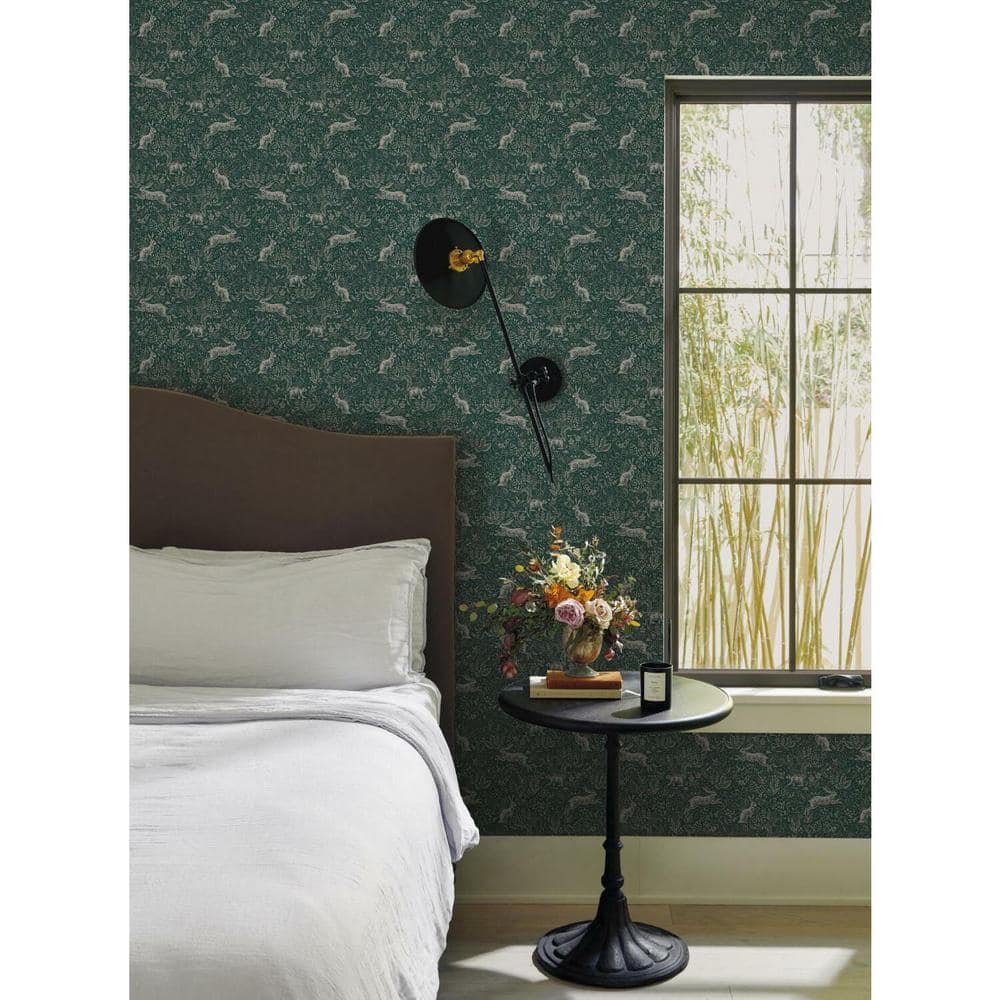 Fable Forest 27' x 27" Black and Dark Green Illustrated Wallpaper
