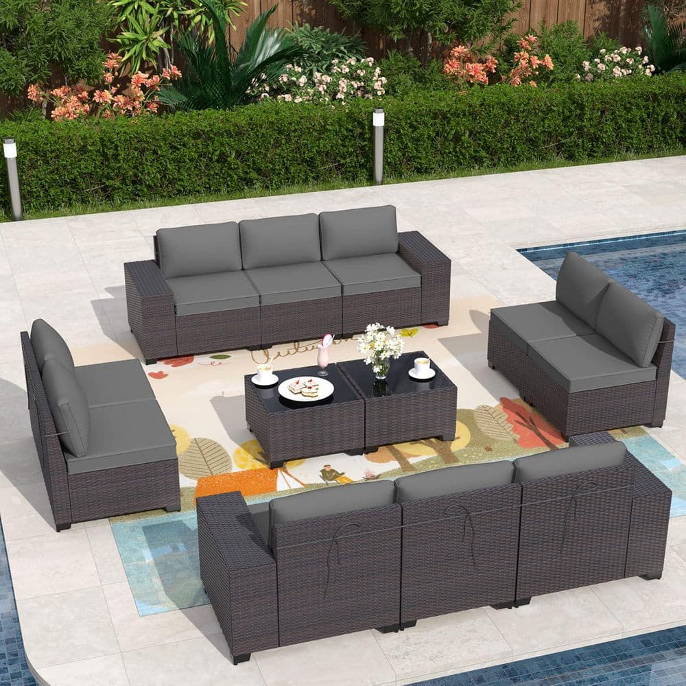 12-Piece Brown Wicker Outdoor Sectional Set with Glass Coffee Table and Gray Cushions, Patio Chat price history on PriceWatchPro