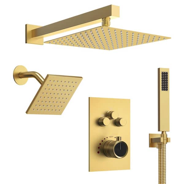 EVERSTEIN 6 in. and 7-Spray 12 in. Thermostatic Shower Systems Wall Bar Shower Kits 2.5 GPM in Brushed Gold (Valve Included)