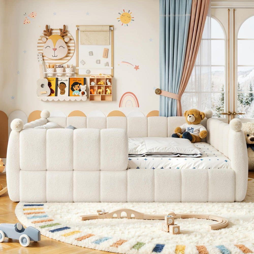 Beige Wood Frame Queen Size Upholstered Floor Platform Bed with Full Surround Safety Rails