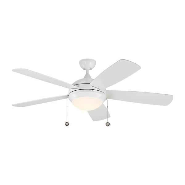 Generation Lighting Discus Classic 52 in. Modern Integrated LED Indoor White Ceiling Fan with White Blades and 3000K Light Kit, Pull Chain