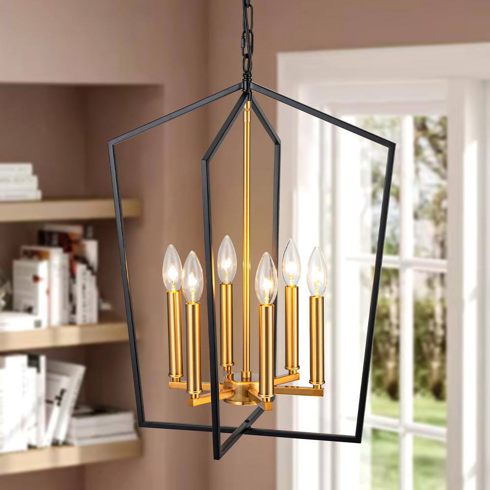 6 LIghts Black and Gold Industrial Transitional Cage Candle Pendant Light