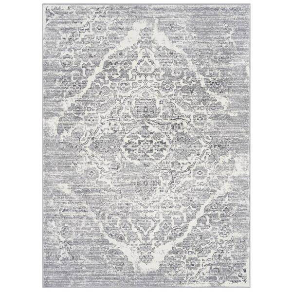 Victoria Collection Distressed Silver 5x7 Oriental Floral Polypropylene