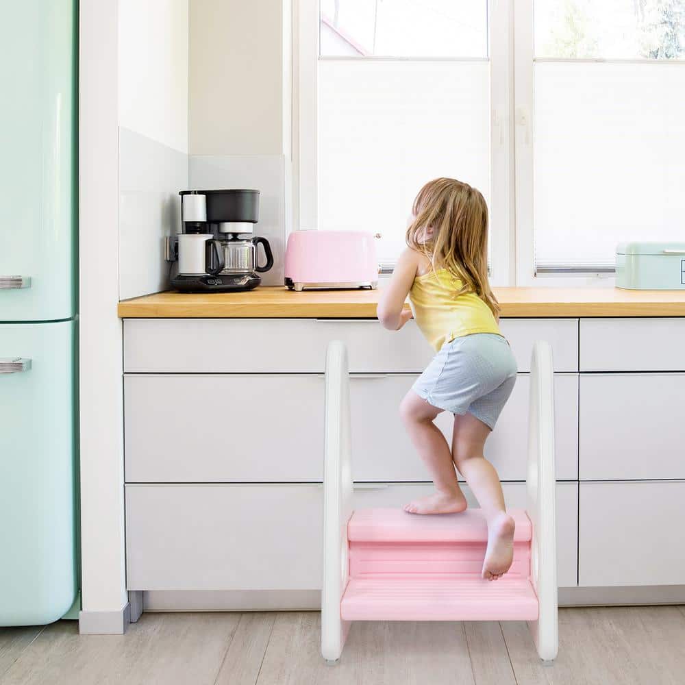 Sleek 2-Step Pink Plastic Kids' Step Stool with Armrests