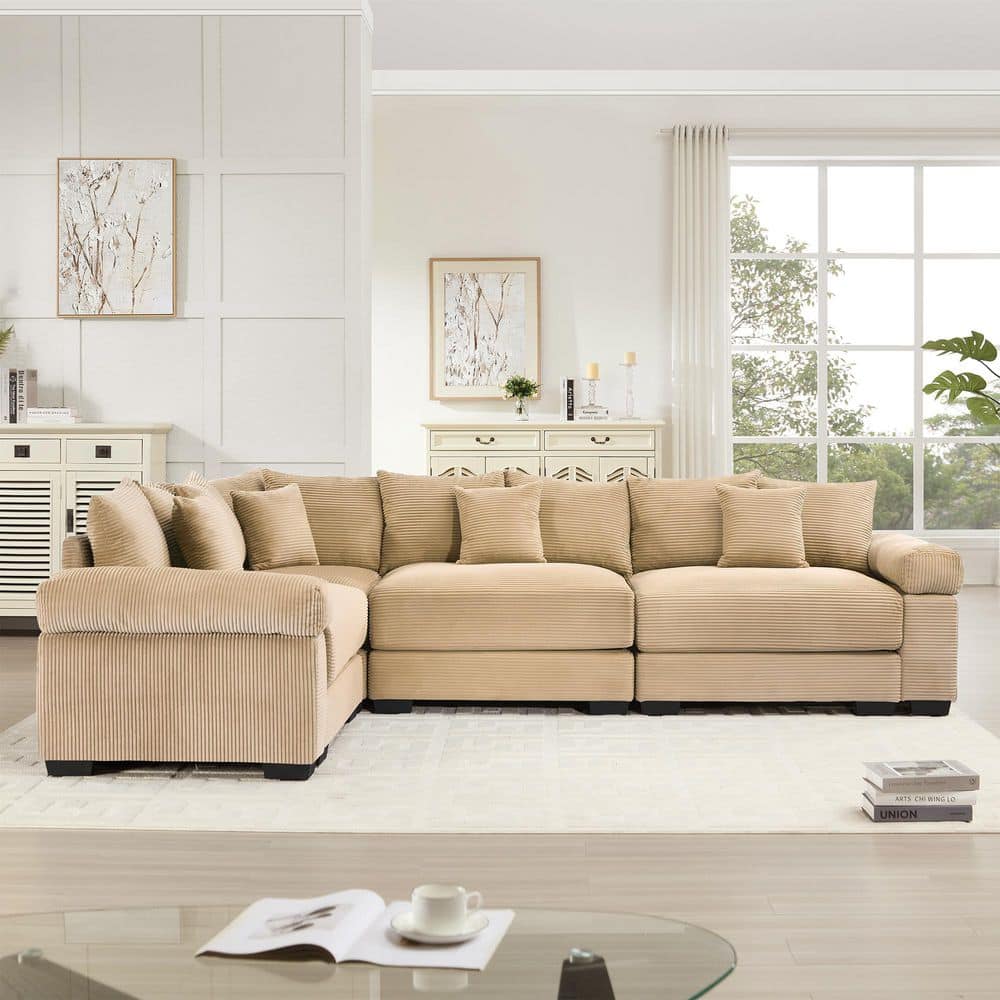Gillian Modern 116.9 in. Cloud Corduroy Upholstery Modular L-Shaped Sectional Sofa in Brown with 13 Throw Pillows, Camel