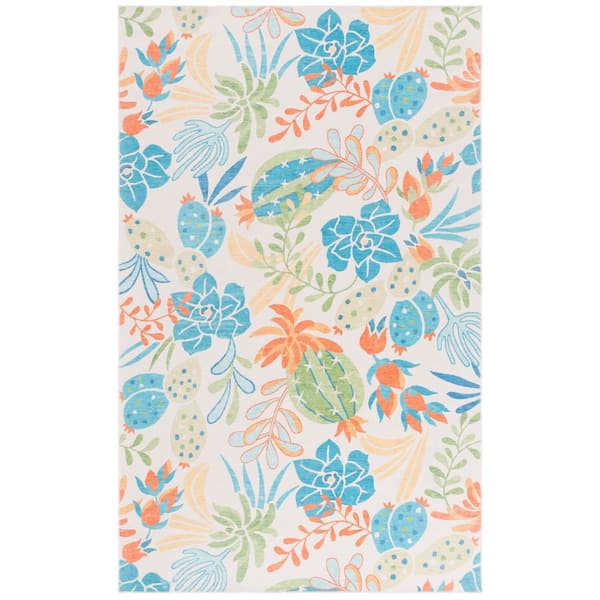 SAFAVIEH Malibu Beige/Blue 4 ft. x 6 ft. Machine Washable Floral Cactus Area Rug