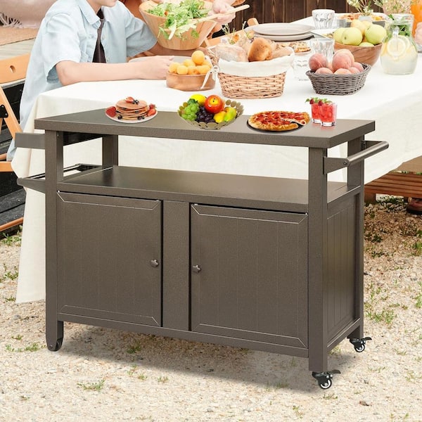 Metal Outdoor Grill Carts with Wheels, Dining Cooking Prep BBQ Kitchen Table for Patio, Kitchen Island, Home Party, Bar