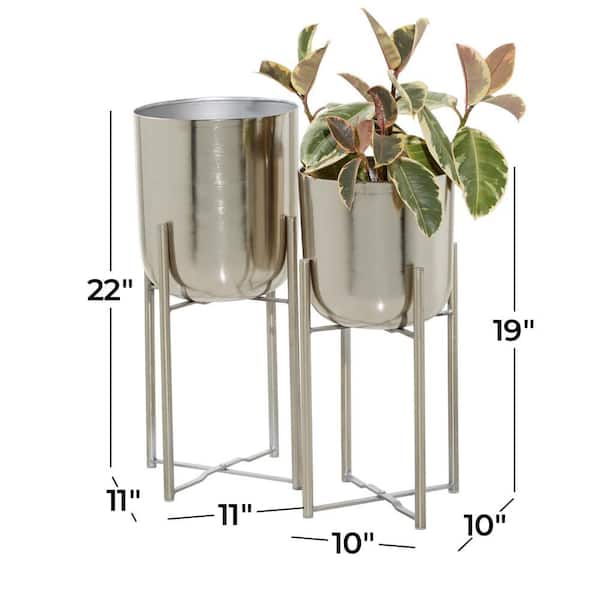 22 in., and 19 in. Large Silver Metal Indoor Outdoor Deep Recessed Dome Planter with Removable Stand (2- Pack)