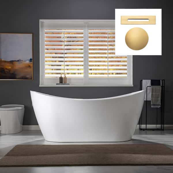 WOODBRIDGE Taylor 67 in. Acrylic FlatBottom Double Slipper Bathtub with Brushed Gold Overflow and Drain Included in White