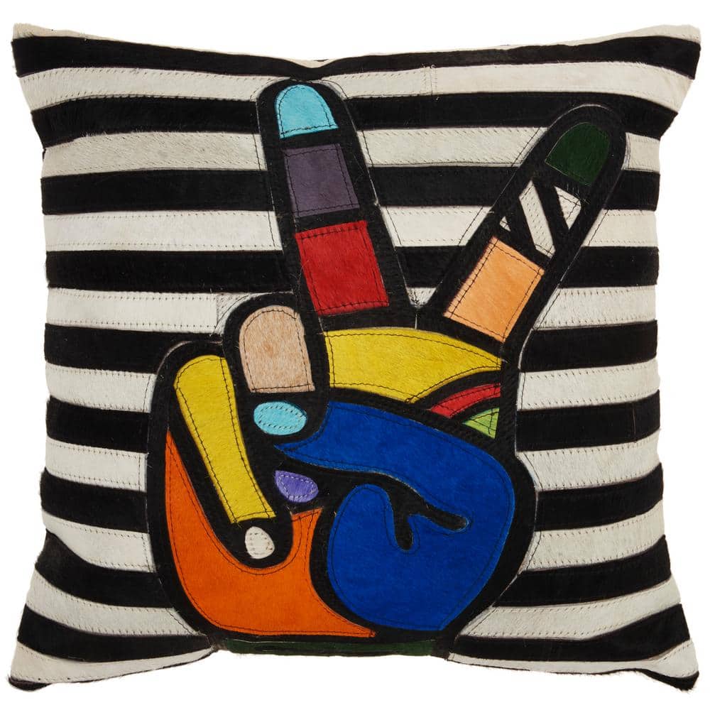 Multicolor Leather Patchwork Peace Hand 20" Throw Pillow