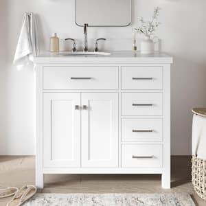 Bristol 37 in. W x 22 in. D x 36 in. H Freestanding Bath Vanity in White with Pure White Quartz Top