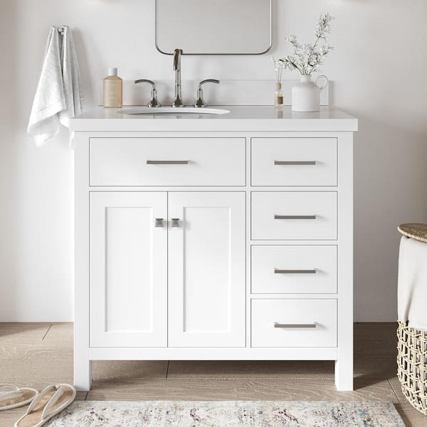 ARIEL Bristol 37 in. W x 22 in. D x 36 in. H Freestanding Bath Vanity in White with Pure White Quartz Top