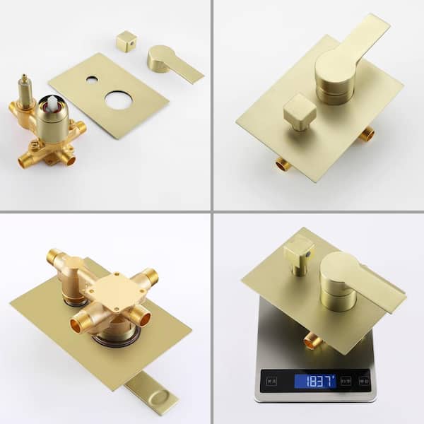 2-Spray 10 in. Shower Head Wall Mount Fixed and Handheld Shower Head 2.5 GPM in Brushed Gold, with Shower Floor Drain