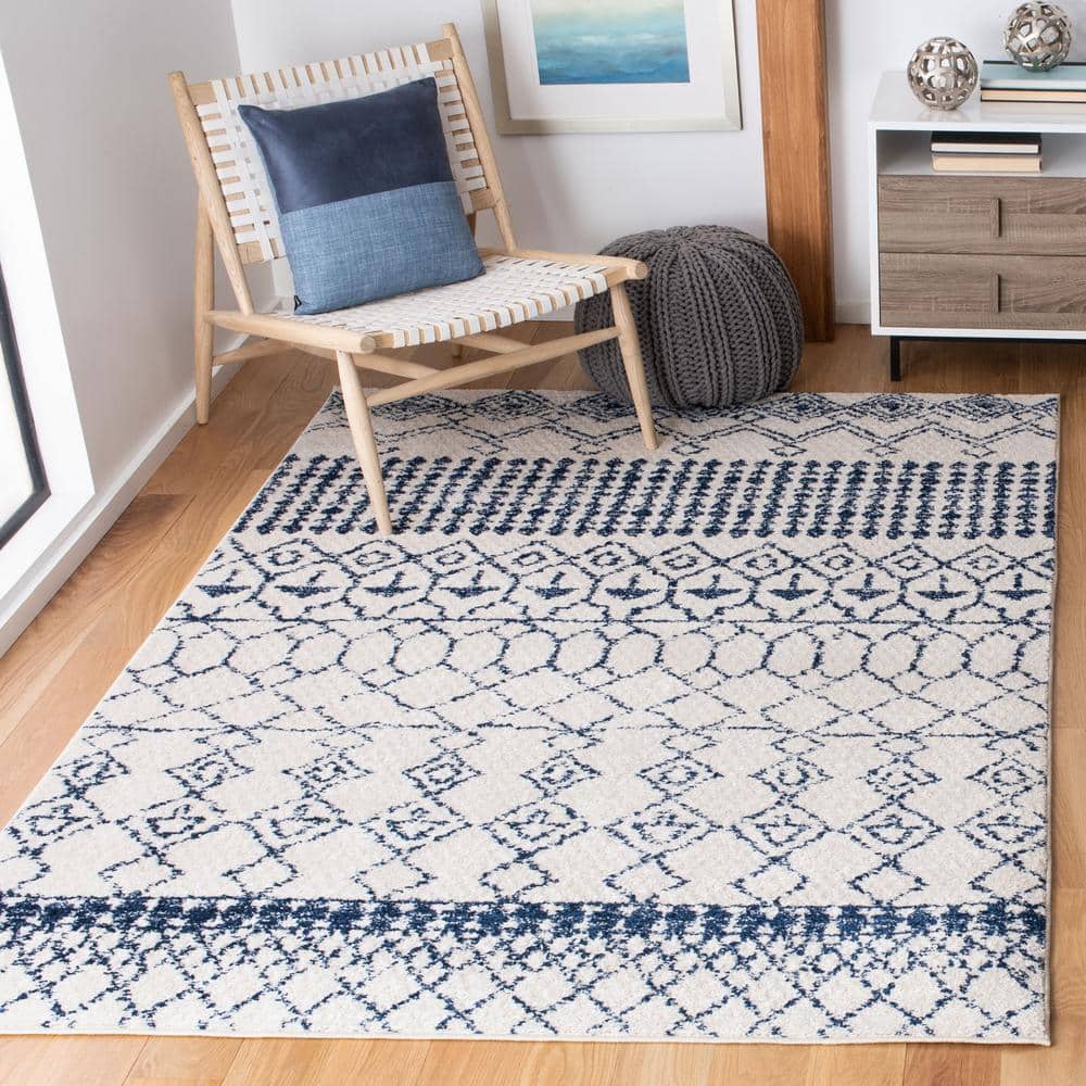 Ivory and Navy Moroccan Geometric 4' x 6' Area Rug