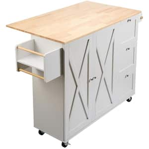 Kitchen Cart with Solid Wood Top, 45.3 in. Mobile Rolling Cart with Storage Cabinet, Portable on Wheels, White