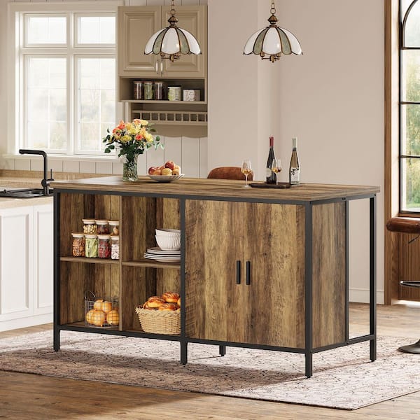Kearsten Rustic Brown 48-Bottle 62.99 in. W Wood Dining Bar Cabinet w/ 4-Open Shelves and 2-Door Cabinet,Kitchen Island