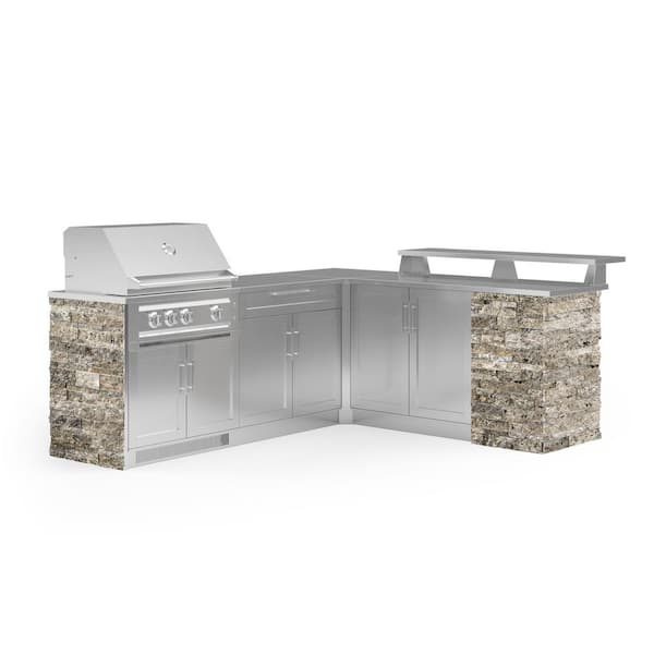 NewAge Products Signature Series Stainless Steel 8-Piece L Shape Outdoor Kitchen Cabinet Set with Liquid Propane Platinum 33 in. Grill