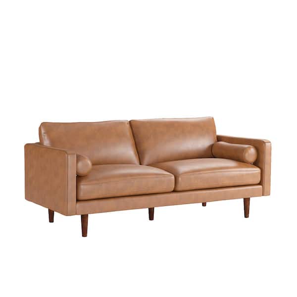 HomeSullivan 77.8 in. Square Arm Mid-Century Faux Leather Straight Sofa in Brown