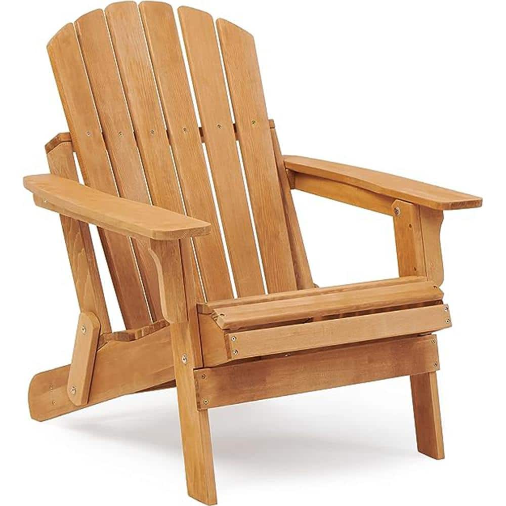 Light Brown Oversize Wooden Folding Adirondack Chair Set of 1, Patio Lounge