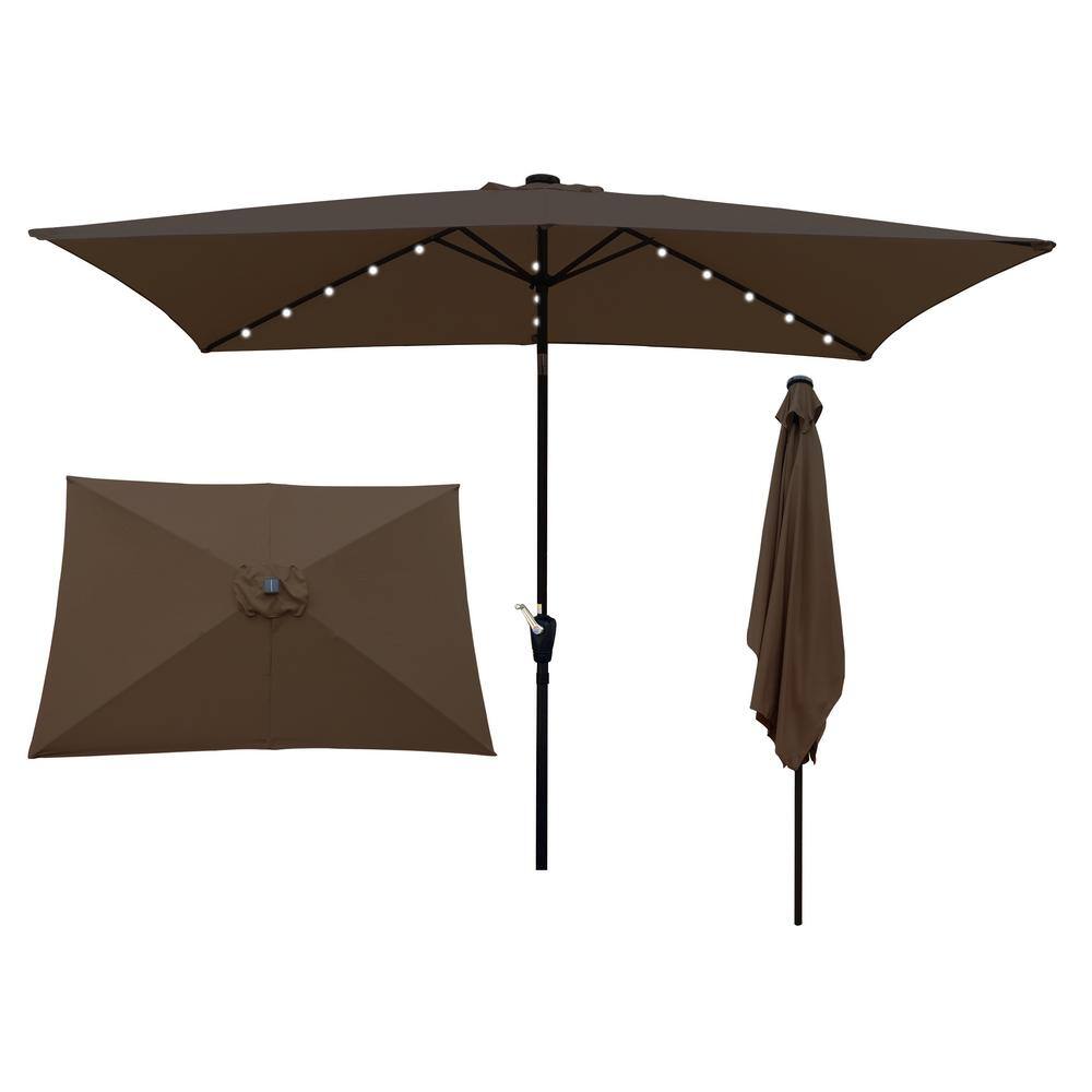 ANGELES HOME 10 ft.x 6.5 ft. Steel Market Solar LED Lighted Patio Umbrella  with Crank and Push Button Tilt in Chocolate 8CK70-OP682TU - The Home Depot