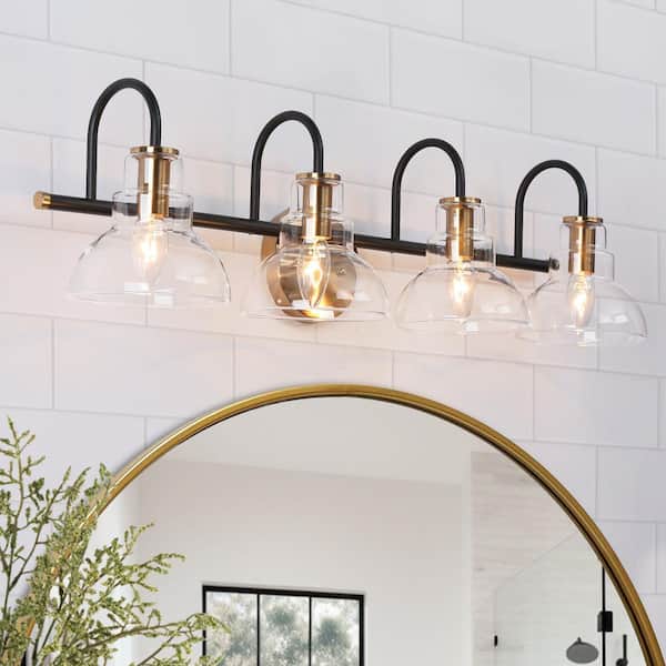 29 in. 4-Light Brass Gold Bathroom Vanity Light, Barn Clear Glass Bath Lighting, Modern Black Indoor Wall Sconce