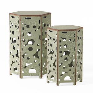 22 in, Mix and Match Antique Green Metal Outdoor Patio Accent Table（Set of 2）