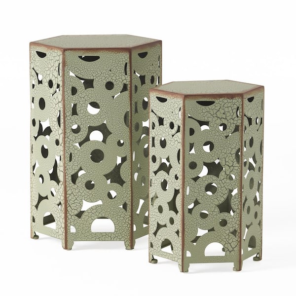 Unbranded 22 in, Mix and Match Antique Green Metal Outdoor Patio Accent Table（Set of 2）
