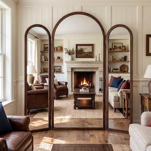 Dark Brown 66.5 in. W x 71 in. H Arched Wood Tri‑fold Full Length Mirror