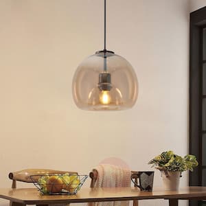 1-Light Black Globe Adjustable Hanging Pendant Light with Amber Class Shaded for Living Room, No Bulbs Included