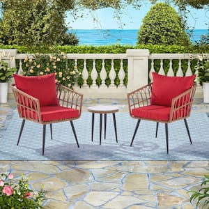 3-Piece Wicker Outdoor Serving Bar Sets Patio Conversation Sets with Red Cushions
