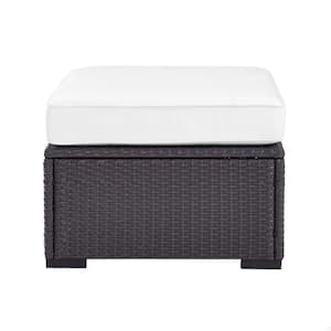 Biscayne Wicker Outdoor Patio Ottoman with White Cushions