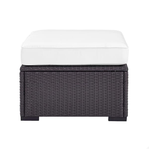CROSLEY FURNITURE Biscayne Wicker Outdoor Patio Ottoman with White Cushions