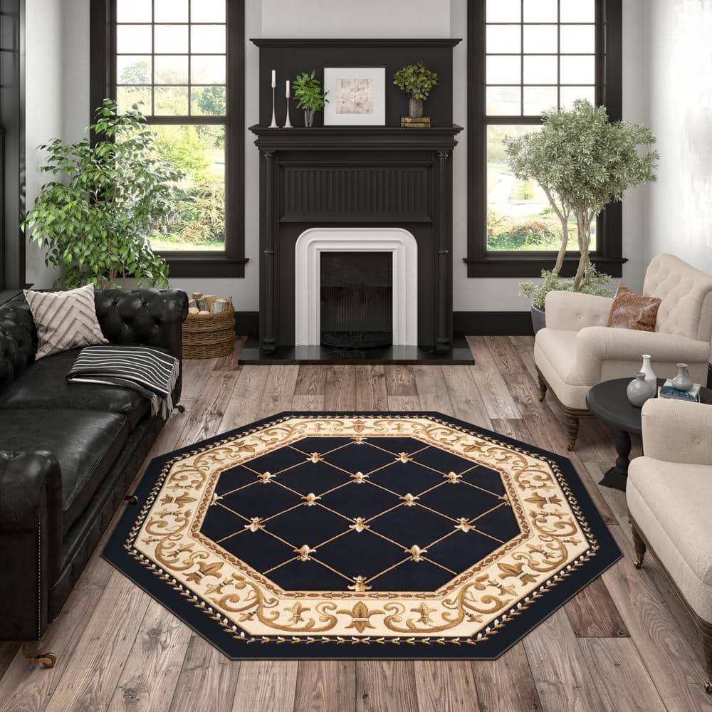 Sensation Traditional Black Swirl 5'3" Octagon Synthetic Rug