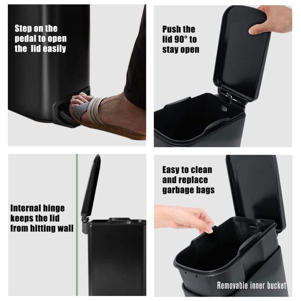 Matt Black Stainless Steel Pedal Trash Can with Soft Close Lid