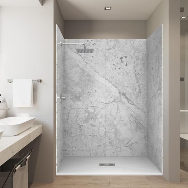 Botticcino Gray 32 in. x 60 in. x 84 in Solid Composite Stone Alcove Shower Kit w/ Walls and White Pan Base Center Drain