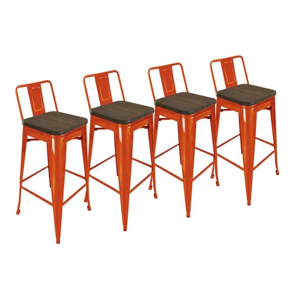 HomeRoots 26 in. Brown and Orange Low Back Metal Counter Height Bar Chair with Wood Seat Set of 4