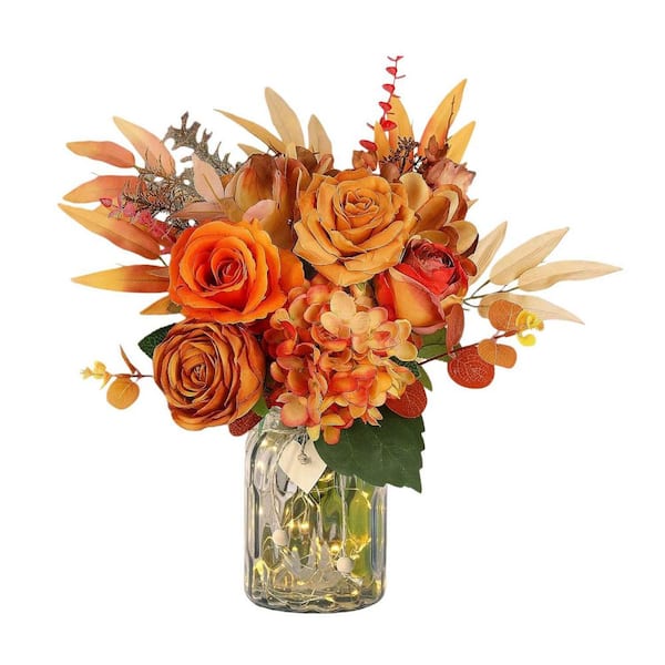 13 in. Orange Indoor Rose Hydrangea Floral Arrangement in Clear Glass Vase, Fall Decor Artificial Flowers with Vase ﻿
