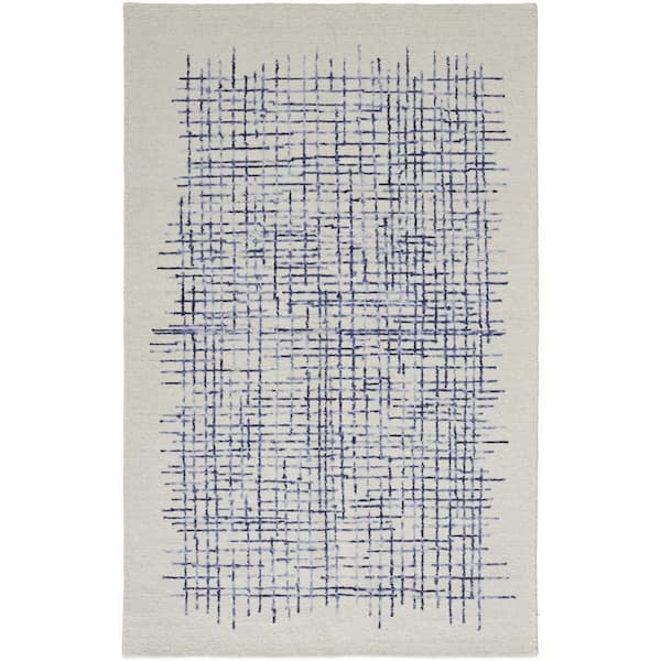 HomeRoots Ivory, Blue Geometric 2 ft. x 8 ft. Area Rug