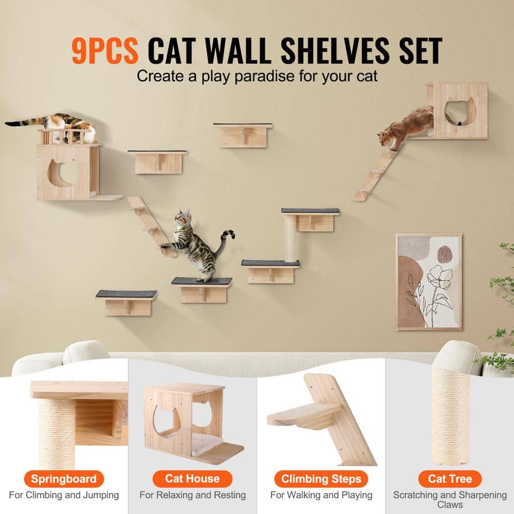 Natural Pine Wood Wall Mounted Cat Shelves Set