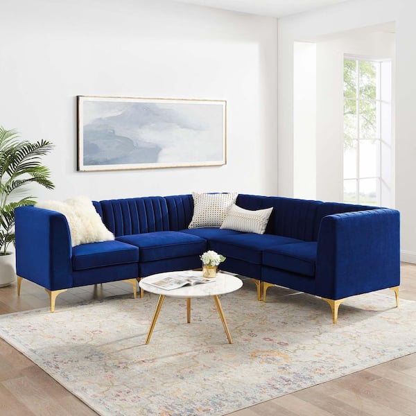 MODWAY Triumph 91.5 in. Square 5-piece Velvet Rectangle Sectional Sofa in. Navy with Durable Stain-Resistant Fabric