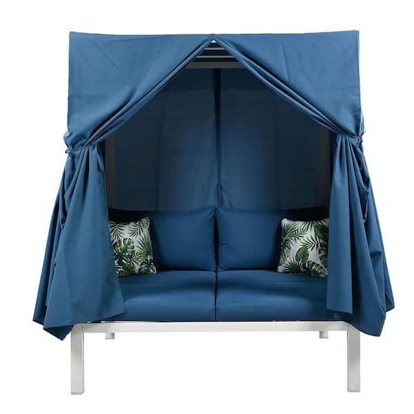 Zeus & Ruta 2-Person White Metal Patio Outdoor Sunbed Day Bed with Blue Cushions and Curtains