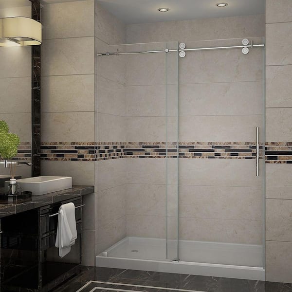 Aston Langham 60 in. x 77-1/2 in. Completely Frameless Sliding Shower Door in Chrome with Left Base
