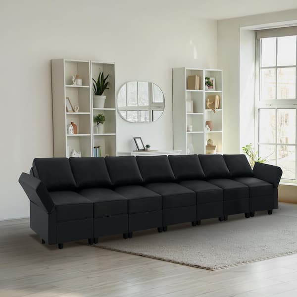 112.8 in. W Faux Leather 7-Seater Living Room Modular Sectional Sofa for Streamlined Comfort in. Black