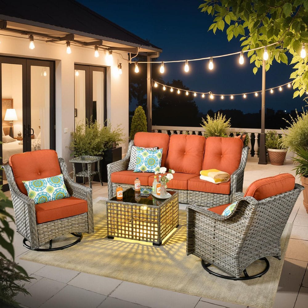 Padffie Gray 5-Piece Wicker Patio Conversation Set with Bold-stripe Orange Red Cushions and Swivel Rocking Chairs price history on PriceWatchPro