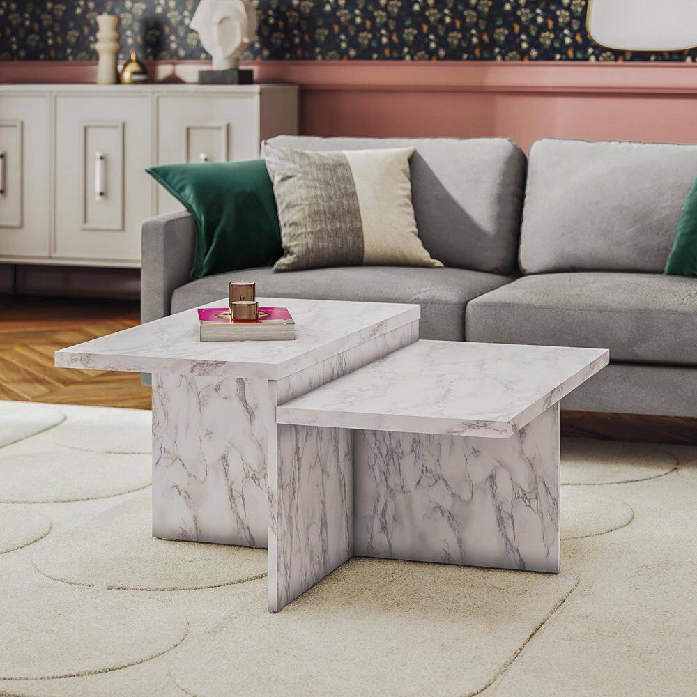 Brielle Two-Tiered Coffee Table, Faux White Marble